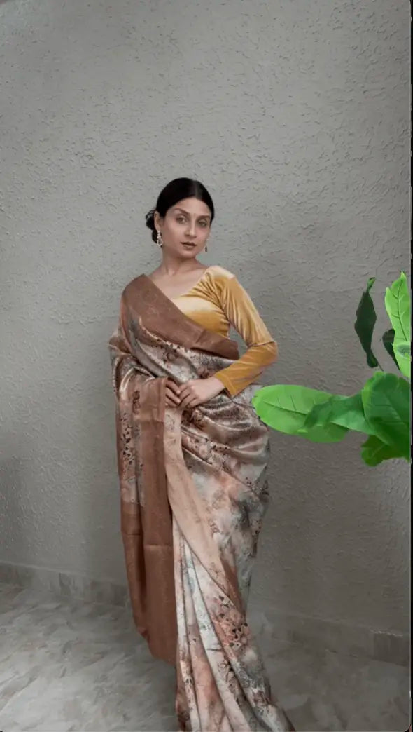 Copper Zari Cotton Silk Saree with Floral Digital Print