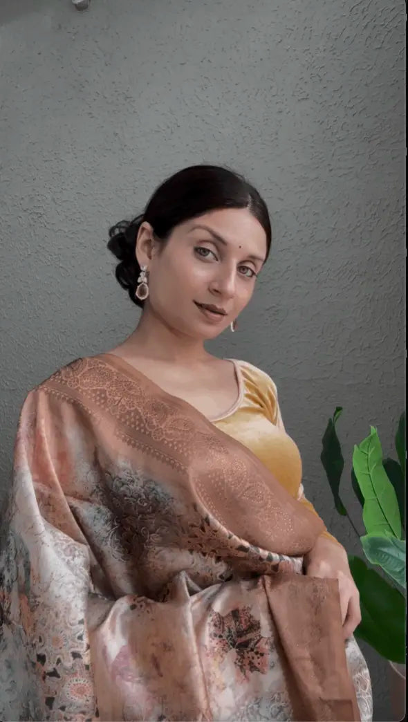 Copper Zari Cotton Silk Saree with Floral Digital Print