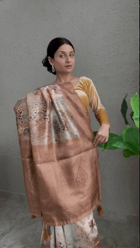 Copper Zari Cotton Silk Saree with Floral Digital Print