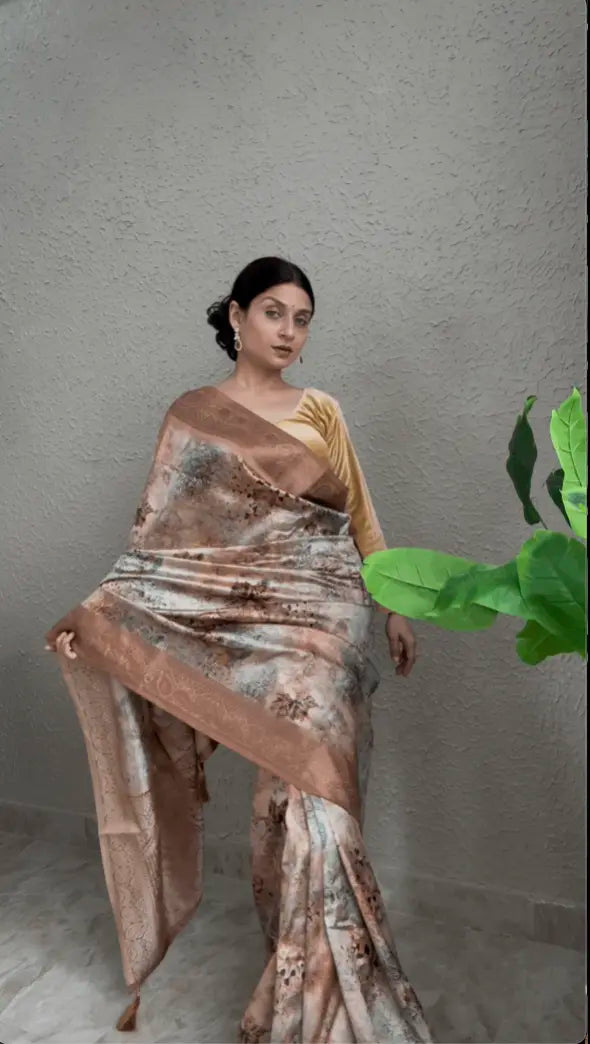 Copper Zari Cotton Silk Saree with Floral Digital Print