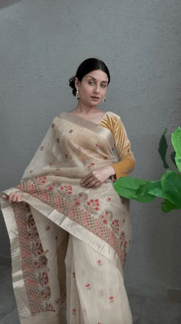 Ivory Gold Tissue Silk Saree with Resham Border