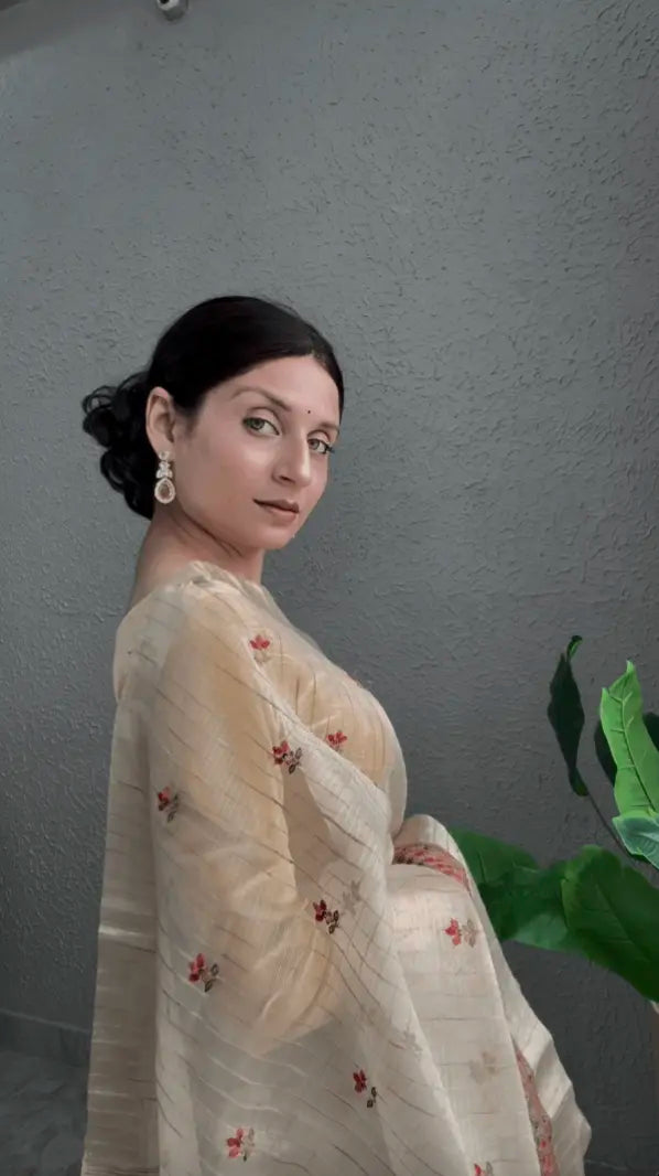 Ivory Gold Tissue Silk Saree with Resham Border