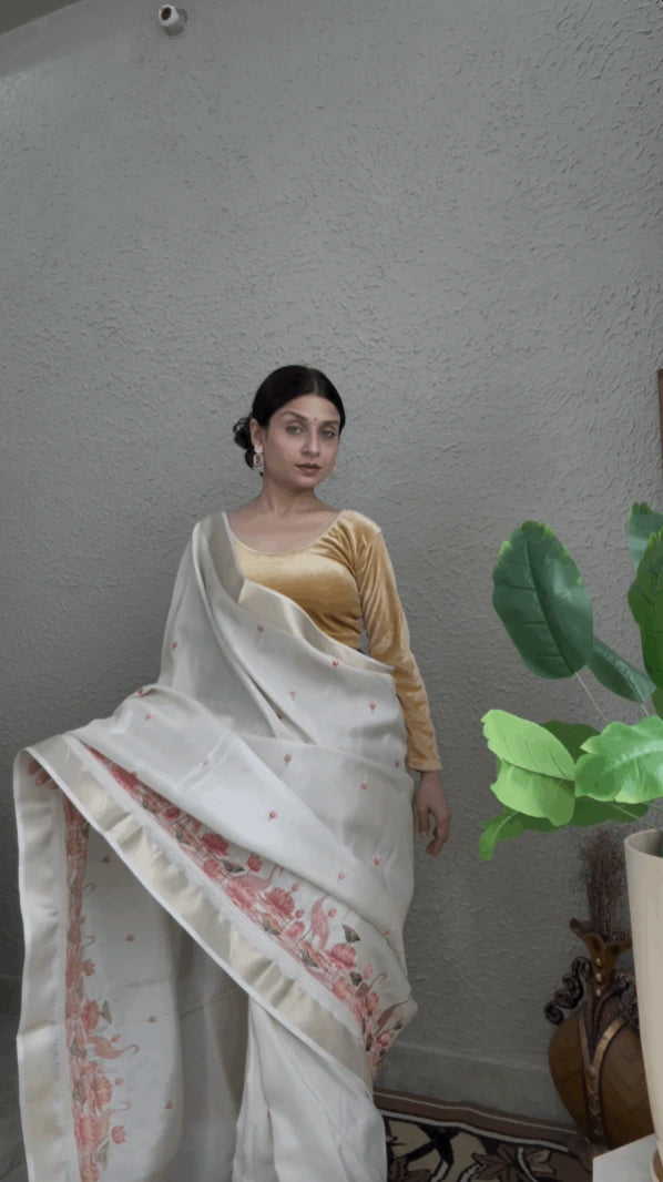 Shimmer Ivory Tissue Silk Saree with Resham Border