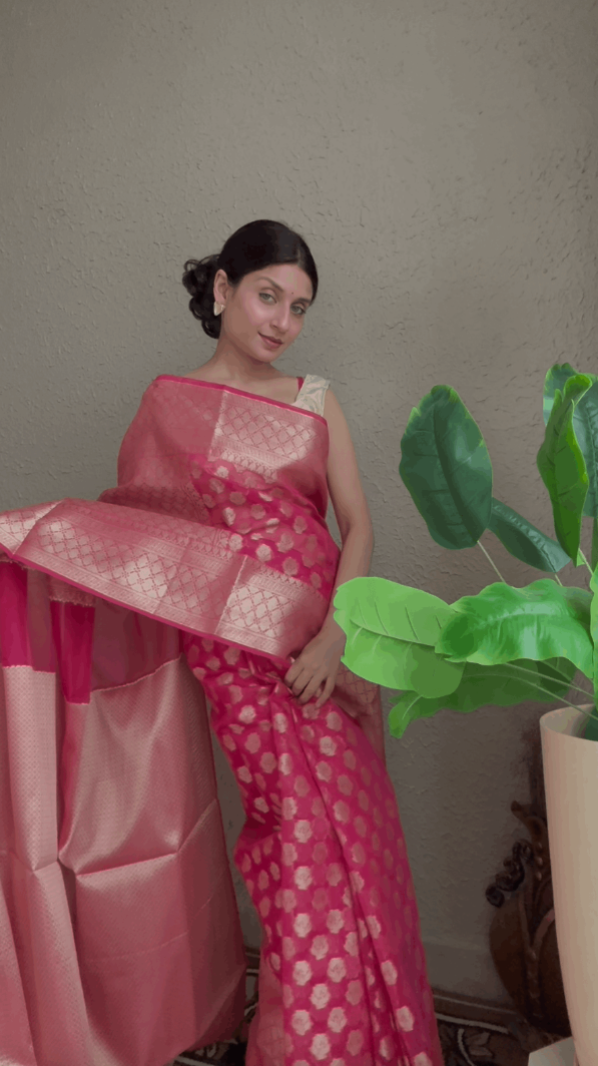 Pink Chanderi Cotton Saree with Resham Zari Weaving