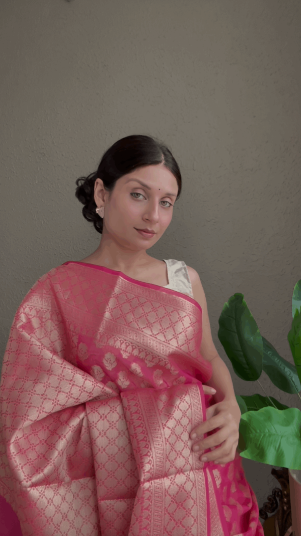 Pink Chanderi Cotton Saree with Resham Zari Weaving