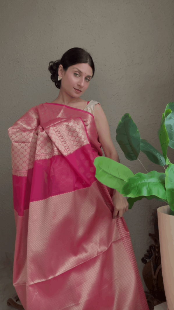 Pink Chanderi Cotton Saree with Resham Zari Weaving