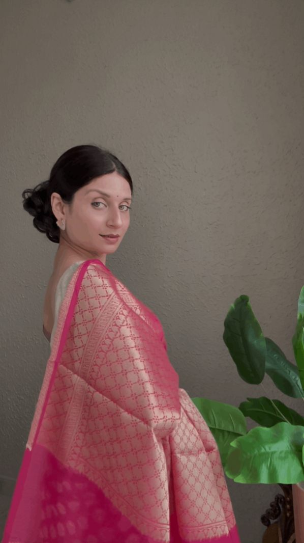 Pink Chanderi Cotton Saree with Resham Zari Weaving
