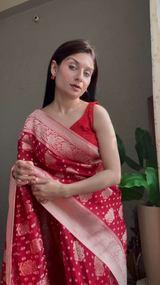 Red Dola Silk Saree with Gold Zari Weaving