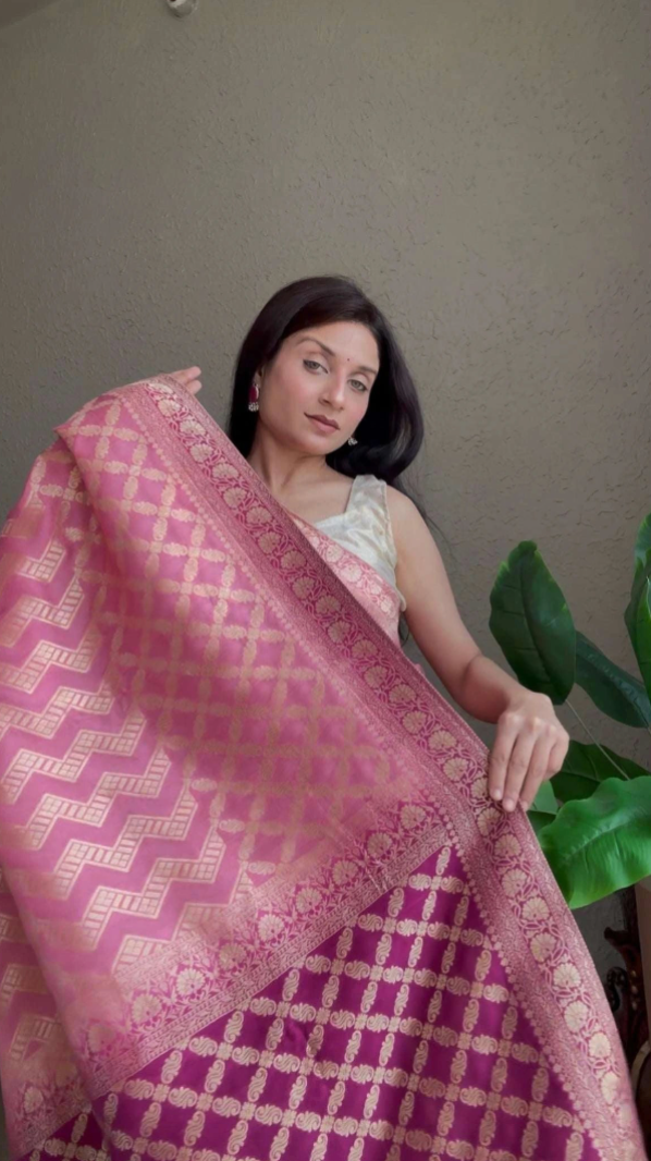 Rose Pink Dola Silk Saree with Intricate Zari Weave