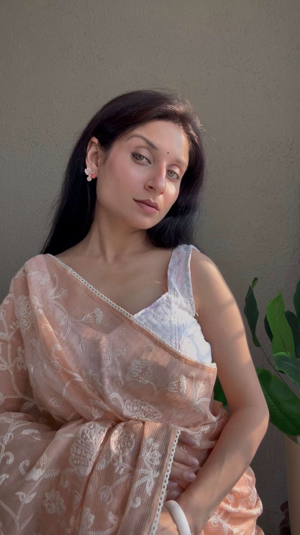 Kota Cotton Saree with White Resham Floral Embroidery