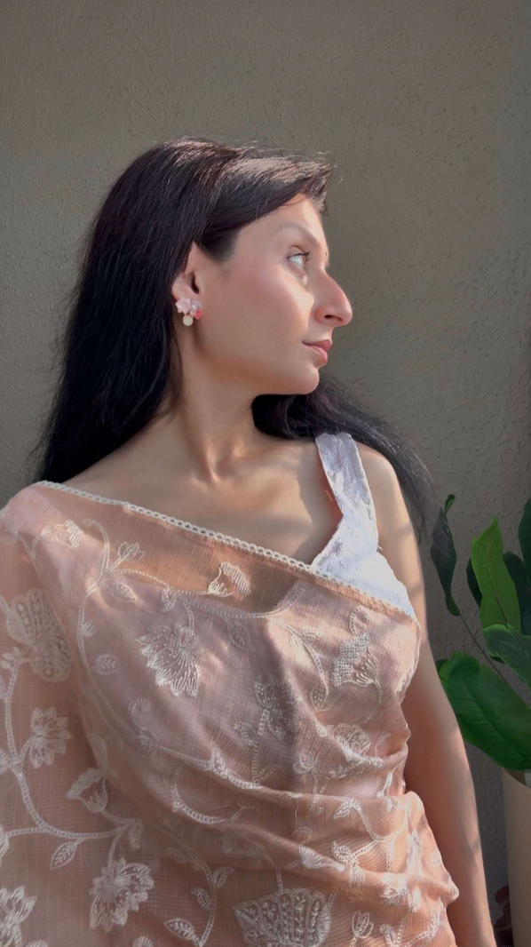 Kota Cotton Saree with White Resham Floral Embroidery