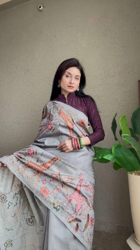 Semi Silk Digital Print Saree with Resham Outline