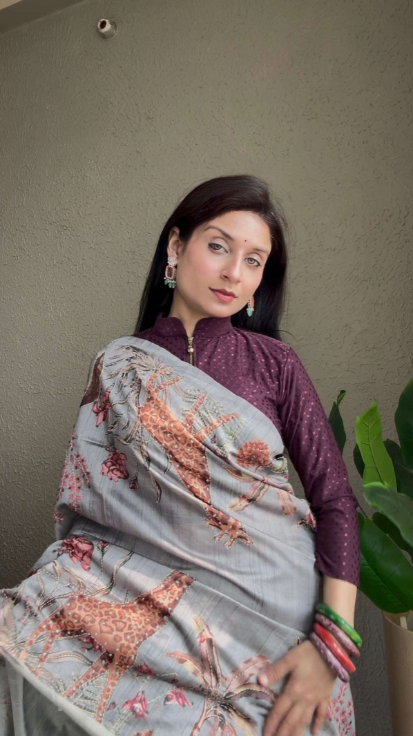 Semi Silk Digital Print Saree with Resham Outline