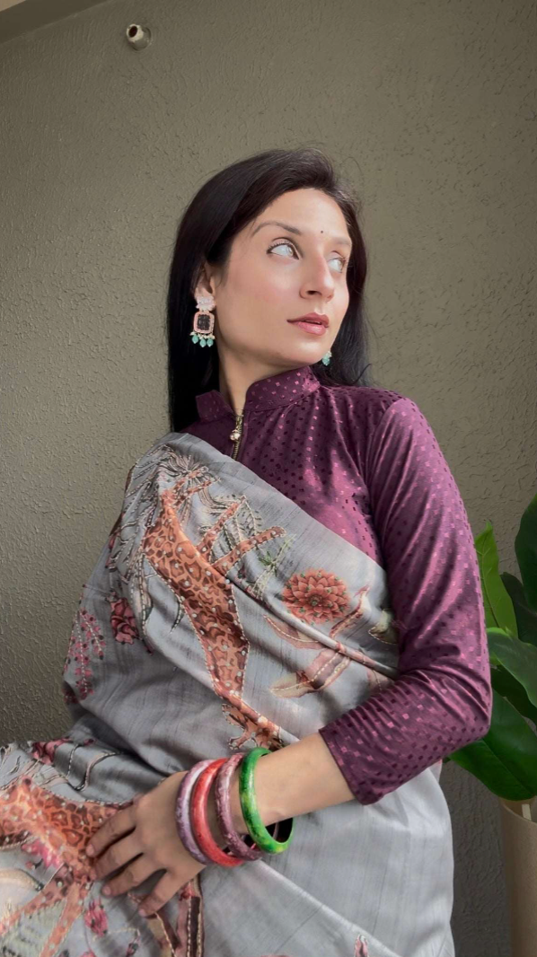 Semi Silk Digital Print Saree with Resham Outline