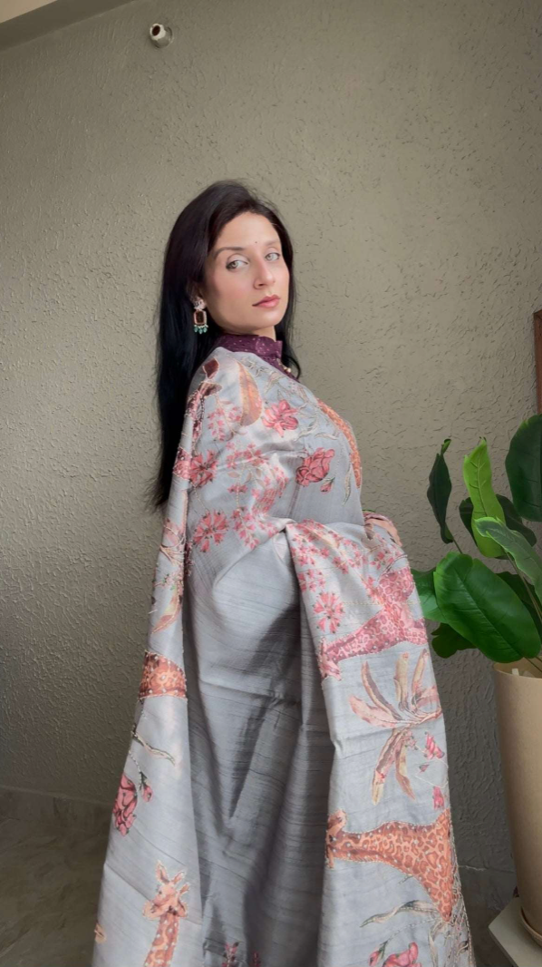 Semi Silk Digital Print Saree with Resham Outline