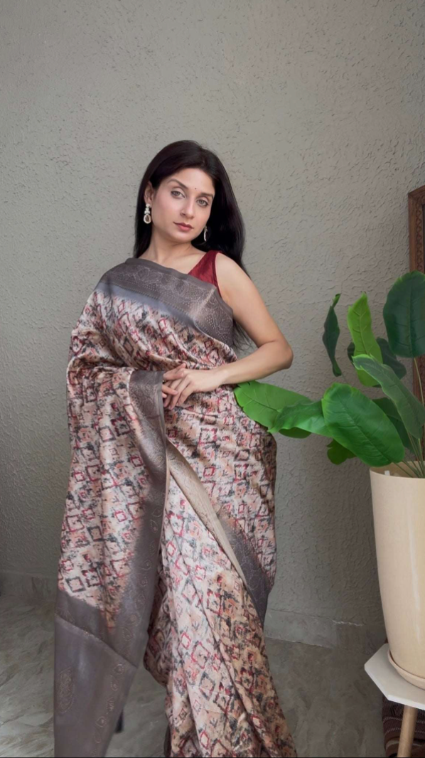 Cotton Silk Digital Print Saree with Zari Border