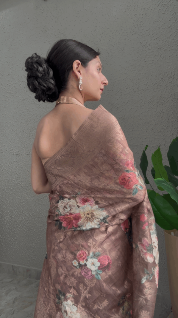 Cotton Silk Floral Print Saree with Zari Buti Border
