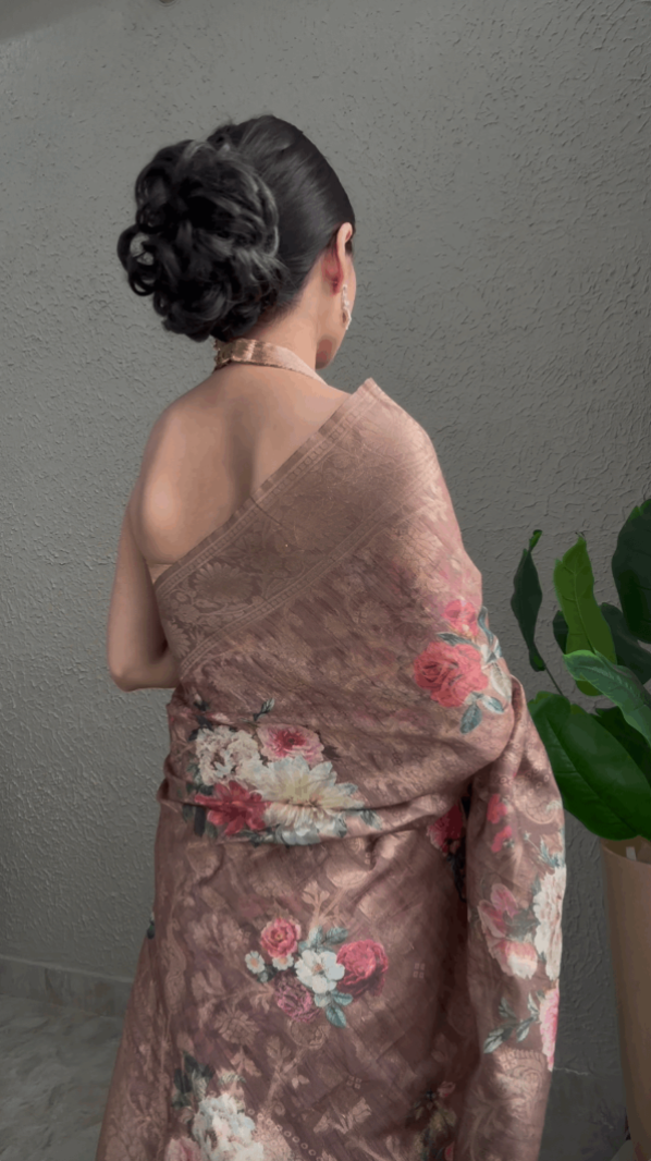 Cotton Silk Floral Print Saree with Zari Buti Border