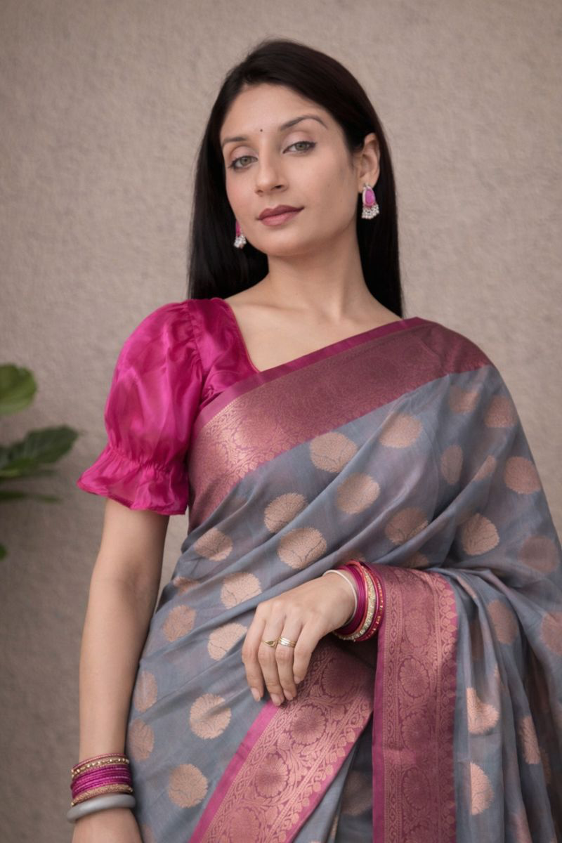 Chanderi Saree with Zari Polka Weaving and Contrast Border