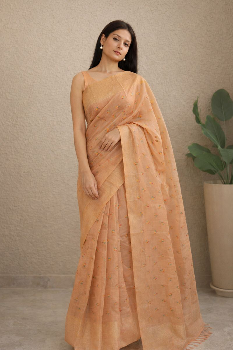 Chanderi Cotton Saree with Colourful Resham Buti Weaving
