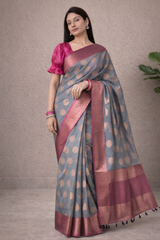 Chanderi Saree with Zari Polka Weaving and Contrast Border