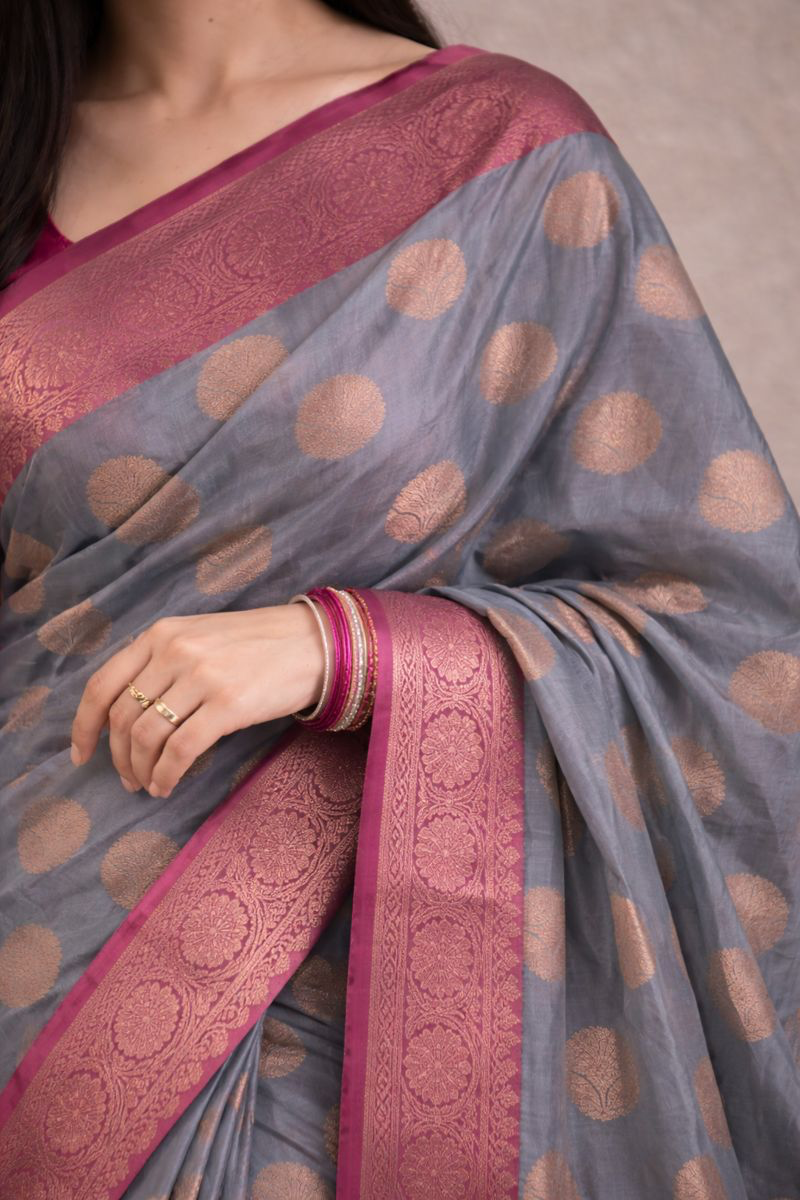 Chanderi Saree with Zari Polka Weaving and Contrast Border