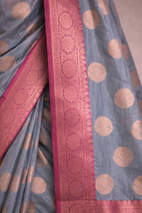 Chanderi Saree with Zari Polka Weaving and Contrast Border