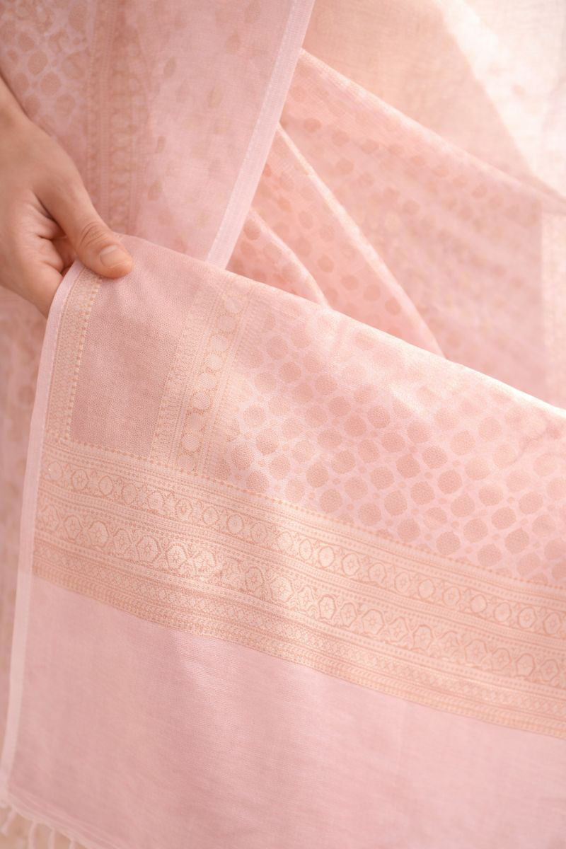 Blush Pink Chanderi Silk Saree with Zari Weaving