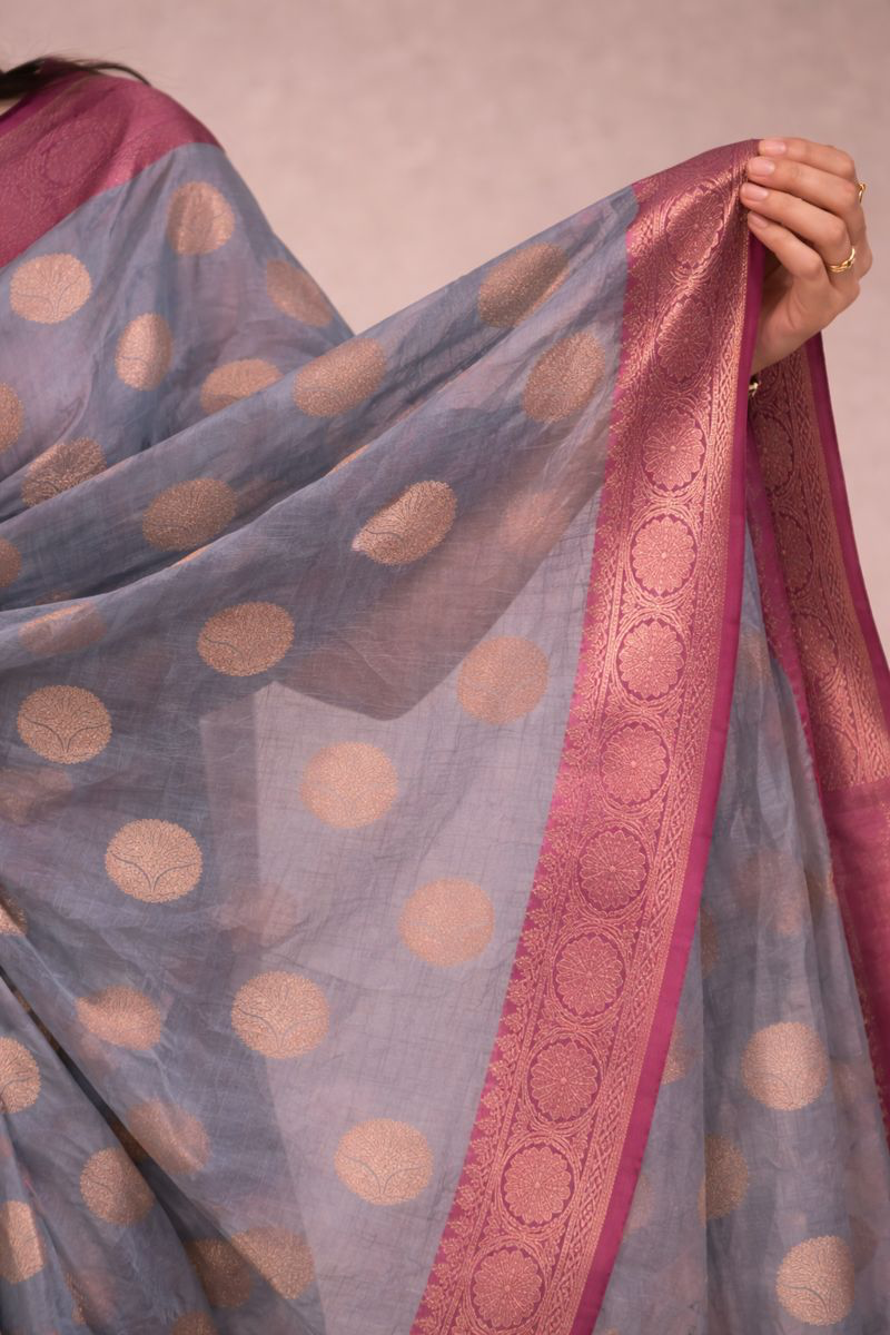 Chanderi Saree with Zari Polka Weaving and Contrast Border