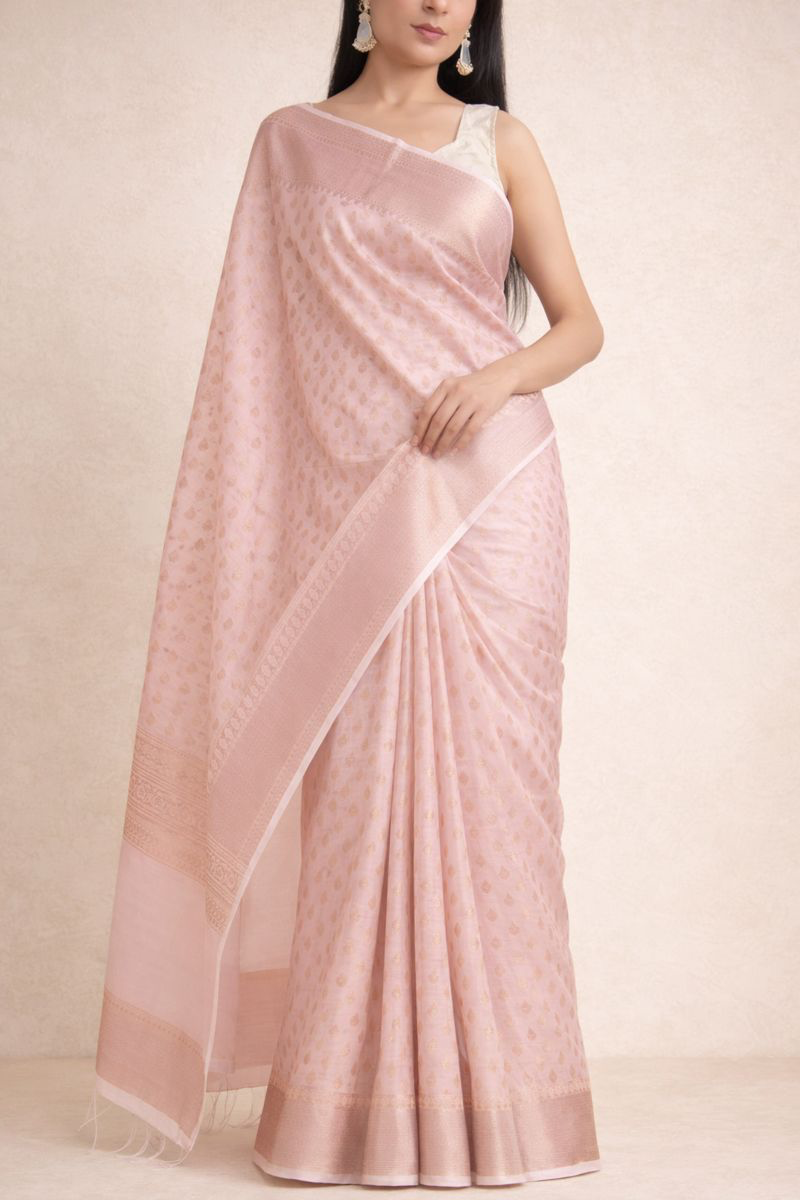 Blush Pink Chanderi Silk Saree with Zari Weaving