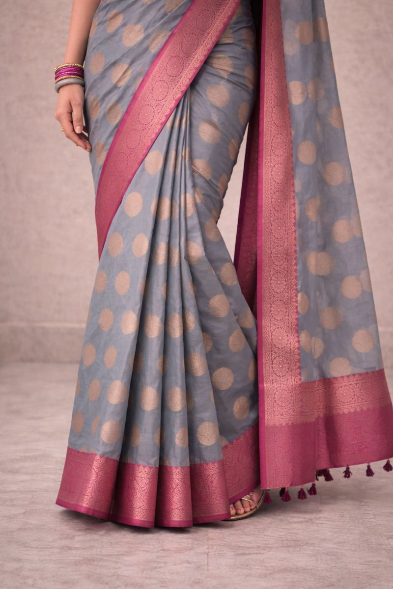 Chanderi Saree with Zari Polka Weaving and Contrast Border
