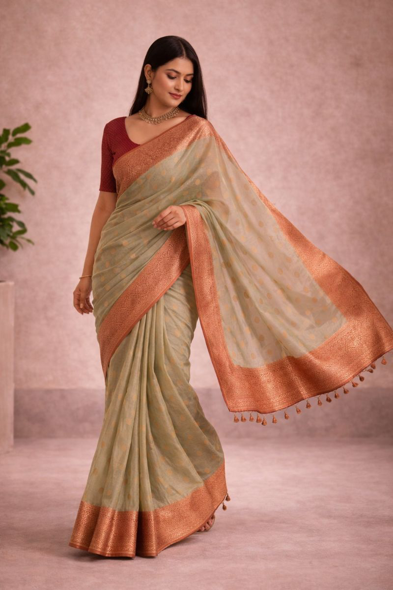 Chanderi Silk Saree with Antique Copper Zari
