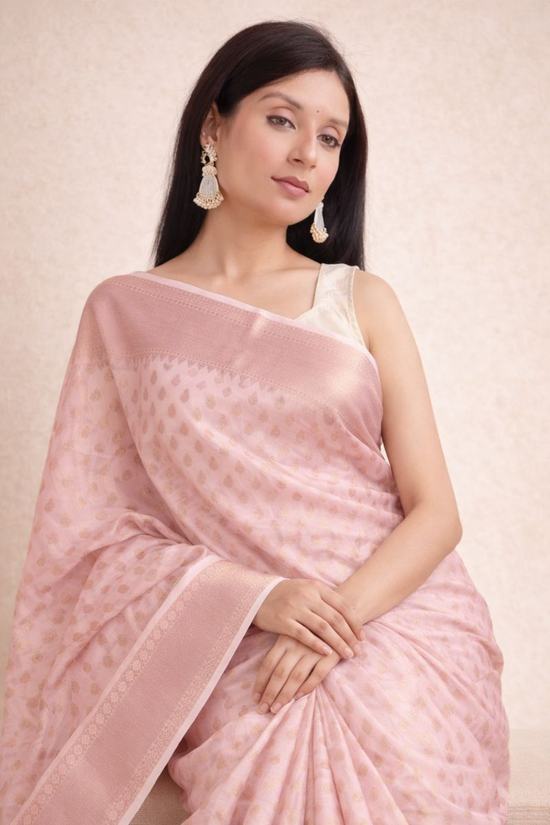 Blush Pink Chanderi Silk Saree with Zari Weaving